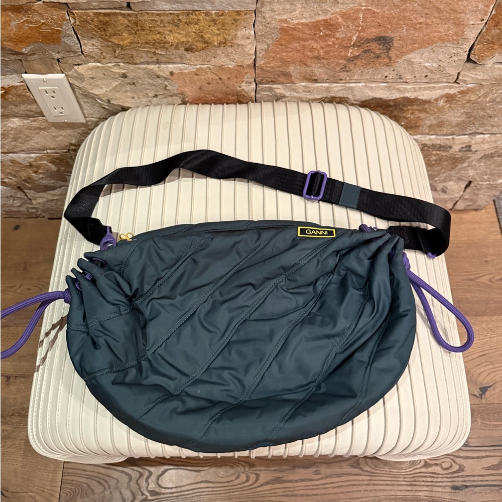 Green Quilted Crossbody Bag with Purple Accents